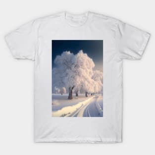 White Winter Ways - A serene calm winter road in cool sunlight T-Shirt